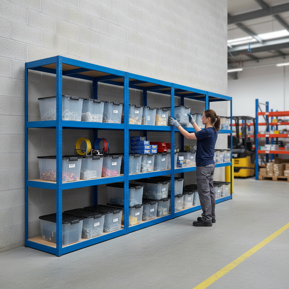 Premium Shelving Units with 8x 24L Plastic Storage Boxes - 1600mm High - Side view