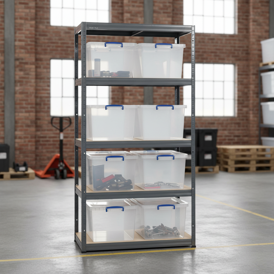 Premium Shelving Unit - 2130mm High - Grey with 8x 33.5L Storage Boxes - Front view