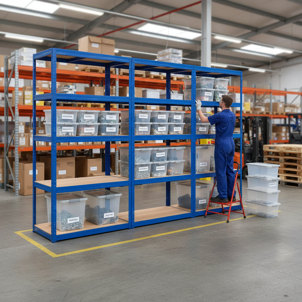 Premium Shelving Units with 8x 60L Plastic Storage Boxes - 2130mm High - Side view