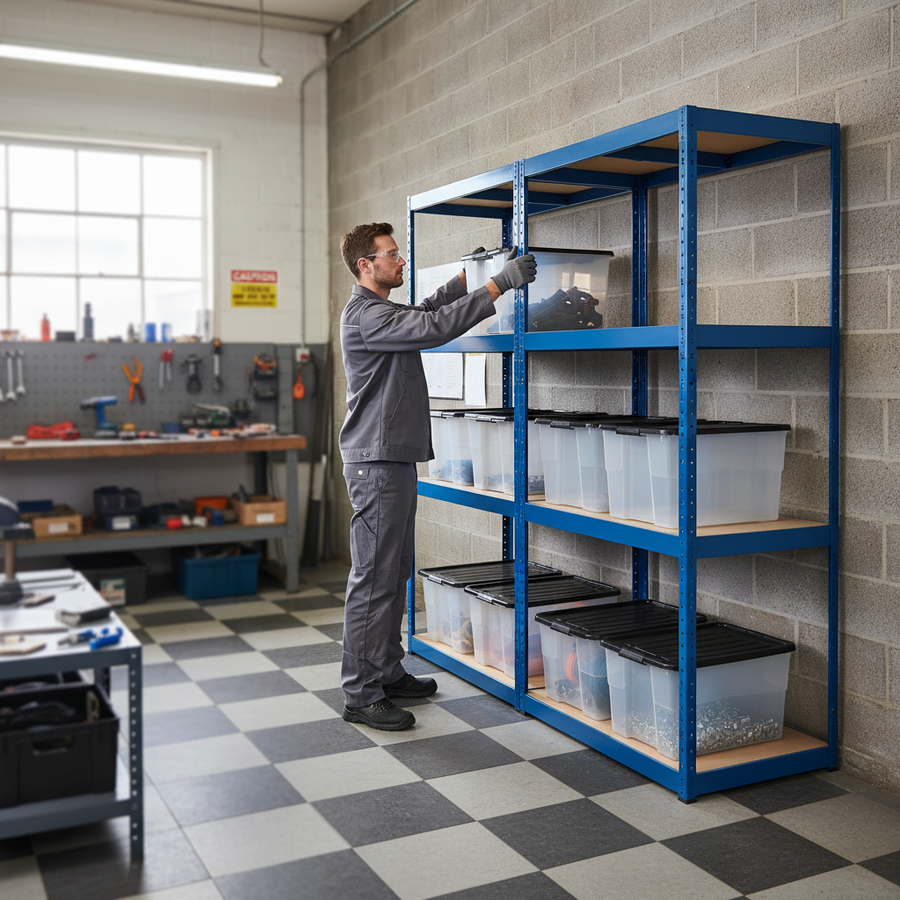 Premium Shelving Units with 8x 24L Plastic Storage Boxes - 1600mm High - Front view