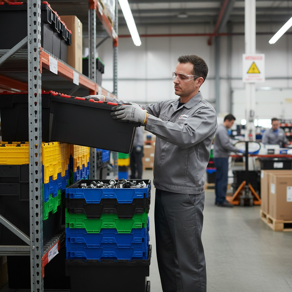 Durable Colored Tote Boxes - 3 Sizes for Every Industry - Side view