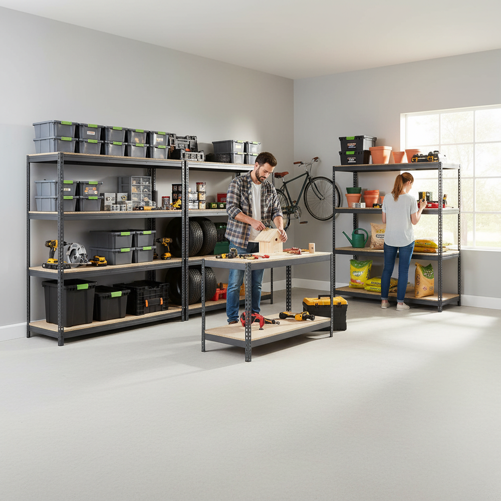 Heavy Duty Industrial Shelving and Workbench Bundle - 1800mm High & 1200mm Wide - Grey - Side view
