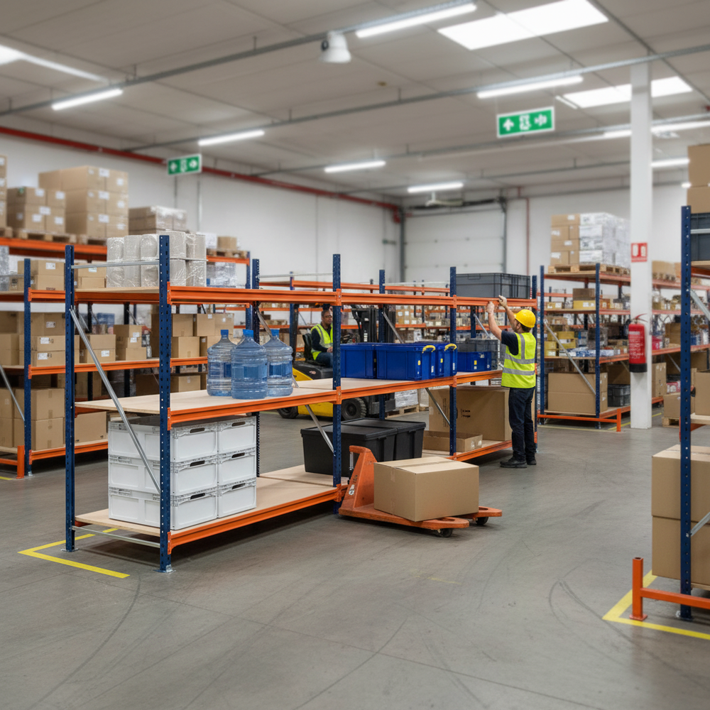 3x Heavy Duty Longspan Shelving - 3000mm High - Blue & Orange - Side view